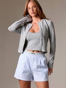 AiiRZ Ribbed Knit Cardigan And Cami Top Light Grey Lounge Wear With Button Up Front - Dark Grey - View 6