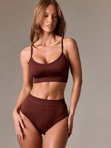 AiiRZ Bralette Knicker Set High Waisted Seamless Brief Matching Two Piece Workout Set Casual Loungewear Ribbed Knit Winter Fashion - Coffee Brown - View 3