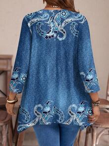 EMERY ROSE Plus Size Women Casual Asymmetrical Hem Round Neck Loose 3/4 Sleeve T-Shirt With Textured Cashew Flower Print - Blue - View 6
