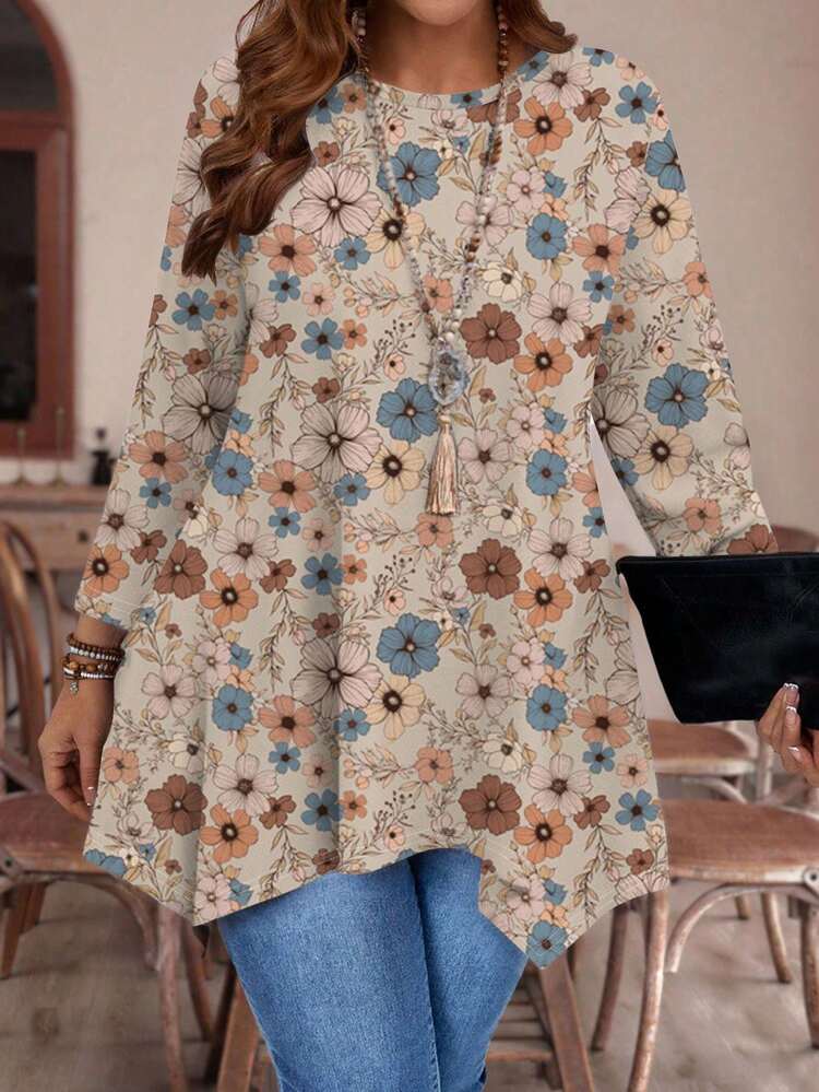 プラスサイズの女性カジュアル アシンメトリーヘム ラウンドネック ゆったり 3/4 袖Tシャツ、ディティシーフローラル、秋冬