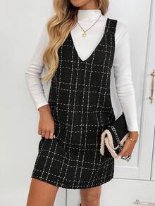 SHEIN LUNE 女士休闲格子口袋无袖粗花呢短连衣裙，日常百搭，秋冬款 - 黑與白 - 查看 1