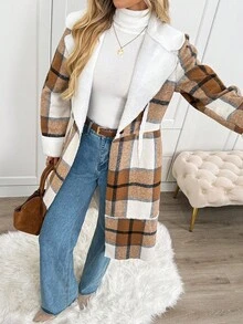 SHEIN LUNE Women's Casual Plaid Thermal Lined Pocket Lapel Coat Fall Winter Women's Winter Coat Casual Work Fall Winter - Multicolor - View 5