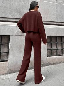 EURMUSE Cotton Women's Simple Solid Color Wide Ribbed Knit Two Pieces Set For Daily Wear - Brown - View 2
