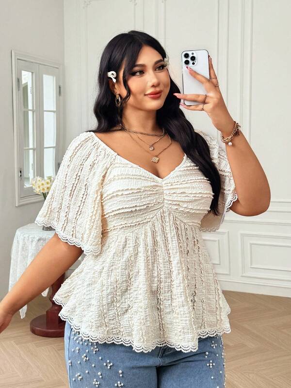 Soleia Plus Size Women Lace Fabric Square Collar Ruched Flounce Sleeve Cinched Waist A-Line Top T-Shirt