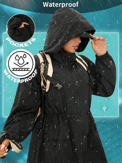 SHEIN EZwear Chaqueta cortavientos negra larga de talla grande para mujer con cinturón de cintura, para otoño/invierno, vuelta al colegio, casual de negocios, oficina, trabajo, maestra, de unicolor, de tela impermeable, para salir, chaqueta deportiva ligera con capucha, con cremallera, de manga larga y corte holgado con bolsillos, adecuada para senderismo al aire libre, chaqueta con capucha impermeable para mujer para días lluviosos