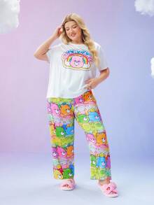 SweetSlumber X Carebears 大码夏季可爱卡通熊印花短袖上衣和裤子睡衣套装 - 彩色 - 查看 5