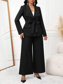SHEIN Lady 女士优雅通勤纯色夹克和裤子两件套 - 黑色 - 查看 3