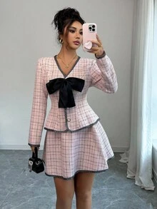 Elenzga V-Neck Bow Design Floral Tweed Jacket & Skirt 2 Pieces Set, Elegant & Sophisticated For Commute, Date, Formal Occasions, Autumn/Winter - Pink - View 3