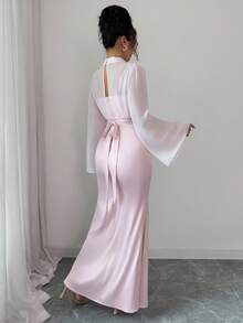 Elenzga Vestido de tirantes suelto de unicolor con chal de malla, conjunto de dos piezas elegante, de moda, cómodo, encantador y retro para vacaciones, para mujer - Rosa - Ver 2