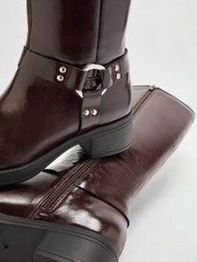 Solezae Giày bốt chiến đấu đế vuông thời trang ấm áp mùa đông cho nữ, cao đến giữa bắp chân, có quai và phụ kiện trang trí - màu nâu - Xem 7