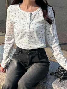 FRIFUL 女式圆领长袖碎花修身休闲领口 T 恤，百搭秋冬 - 彩色 - 查看 8