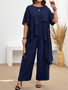 EMERY ROSE Bộ 2 áo sơ mi và quần dài màu xanh bất đối xứng phong cách Boho cho nữ cỡ lớn mùa hè - Màu xanh hải quân - Xem 5