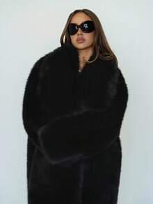 SHEIN ICON Women's Solid Color Faux Fur Collar Long Sleeve Loose Long Coat, Winter,Fall - Black - View 4