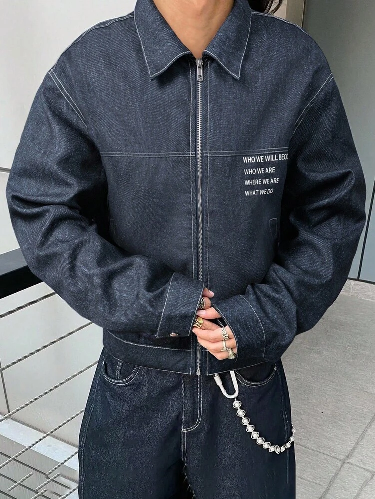 Manfinity EMRG Chaqueta casual con cierre de cremallera de manga larga, estilo de calle para hombres, otoño - Azul - Añade 3