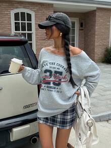Attitoon Casual Retro College Sports Number & English Print Loose Fit Off Shoulder Long Sleeve Sweatshirt For Women, Comfortable For Autumn/Winter,Fall