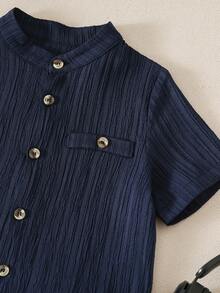 Sparklyn 男童纯色单排扣宽松休闲衬衫，短袖夏季休闲时尚韩版蓝色衬衫 - 藏蓝色 - 查看 7