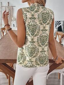Chiquease 女士时尚休闲印花荷叶边无袖纽扣衬衫 - 綠色 - 查看 2