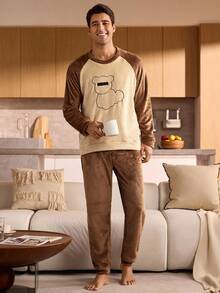 Manfinity Underwear&Sleepwear Basics Bộ đồ ngủ bằng vải nỉ cổ tròn dài tay và quần dài cho nam, trang phục thu đông, ấm áp - màu nâu - Xem 4