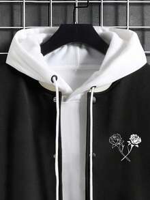 Manfinity Homme 宽松男士字母图案条纹饰边落肩棒球长袖夹克（无帽），秋季款 - 黑色 - 查看 6