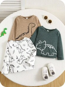 SHEIN 23 件/套婴儿/幼儿男孩/女孩纯色圆领长袖 T 恤，针织上衣，舒适，百搭，时尚休闲日常穿着，可爱恐龙图案，基本款式，适合室内、户外、滑雪、日常活动、运动、派对、摄影、度假、秋冬