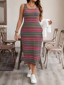 SHEIN LUNE Plusstorlek Randigt tvådelat set, V-ringad långärmad tröja och randigt mönstrad långkjol Höstkläder Damkläder Damkläder Set Resekläder Flygplats Jul Damkläder Casual Vardagskläder, Essentials Högtidskläder - Multifärgad - Visa 3