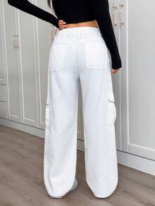 SHEIN PETITE 女式宽腿宽松休闲百搭工装牛仔裤 - 米色 - 查看 2