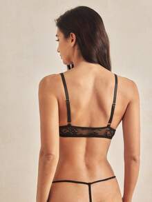 Charlaine 1pc Black Front-Closure Underwired 3/4 Cup Lace Trim Bra, Everyday Wear, Office, Casual, Alluring, Backless - Black - View 3