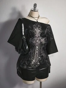 SHEIN ICON Plus Size Women's Y2K Vintage Grunge Style Cross Print Loose Fit Oblique Shoulder T-Shirt Halloween