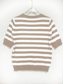 EMERY ROSE Women's Casual Striped Round Neck Short Sleeve Knit Top, Autumn - Khaki - View 2