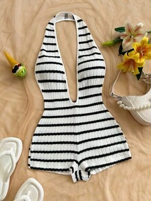 Soleia Women's Contrast Stripe Halter Jumpsuit  Cozy Fall And Winter Clothes For Women - Black and White - View 3