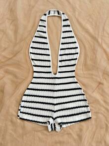 Soleia Women's Contrast Stripe Halter Jumpsuit  Cozy Fall And Winter Clothes For Women - Black and White - View 4