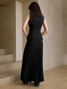 Arave 优雅法式手工串珠无袖背心拼布褶皱女式长裙 - 黑色 - 查看 6