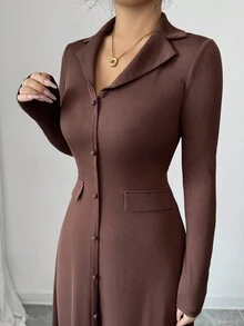 Elenzga 优雅通勤棕色翻领收腰修身纽扣装饰大A字形后背蝴蝶结长袖超长连衣裙，女士秋冬装 - 棕色 - 查看 3