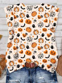 EMERY ROSE 女式休闲宽松 V 领衬衫，带飘袖，饰有万圣节南瓜怪异趣味图案，非常适合初秋和秋季假期 秋季万圣节衬衫 女式万圣节衬衫 女式万圣节上衣 万圣节上衣 可爱万圣节衬衫 - 彩色 - 查看 2