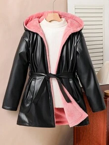 Áo khoác da giả dáng rộng có mũ trùm đầu dày, thắt eo cho bé gái tuổi mới lớn, phù hợp mặc hàng ngày, mùa thu/đông - màu đen - Xem 3