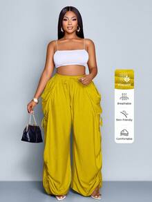 SOLERSUN 大码女式纯色休闲宽松口袋抽绳裤 - 芥末黃 - 查看 4