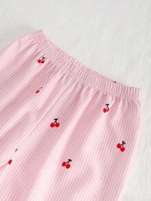 Young Girl' Grey-Blue Ribbed Cherry Print Long Sleeve Top & Ribbed Pants Pajama Set Fall Winter