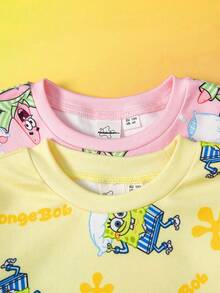 SpongeBob SquarePants | SHEIN 少女卡通全印花针织圆领紧身罗纹上衣和裤子睡衣套装 - 彩色 - 查看 3