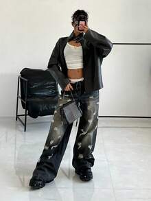 SHEIN HypeZone 时尚百搭复古美式破洞牛仔裤 - 黑色 - 查看 3