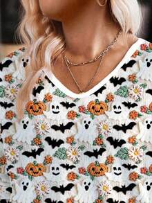 EMERY ROSE New Plus Size Women Fashion Printed Faux Fur Jacquard Halloween Element V-Neck Long Sleeve Loose T-Shirt - Multicolor - View 5