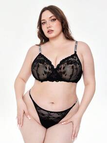 ROMWE J-Fashion 1 pieza Tanga sexy de encaje transparente con corazón brillante de rhinestone, talla grande, estilo Y2K - Negro - Ver 4