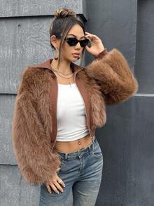 SHEIN ICON 女式仿皮毛拼布针织罗纹棕色高领拉链大衣，秋冬 - 咖啡棕 - 查看 4