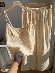 Comfortcana 杏色梭织吊带背心+阔腿碎花裤浪漫家居服套装 - 杏色 - 查看 3