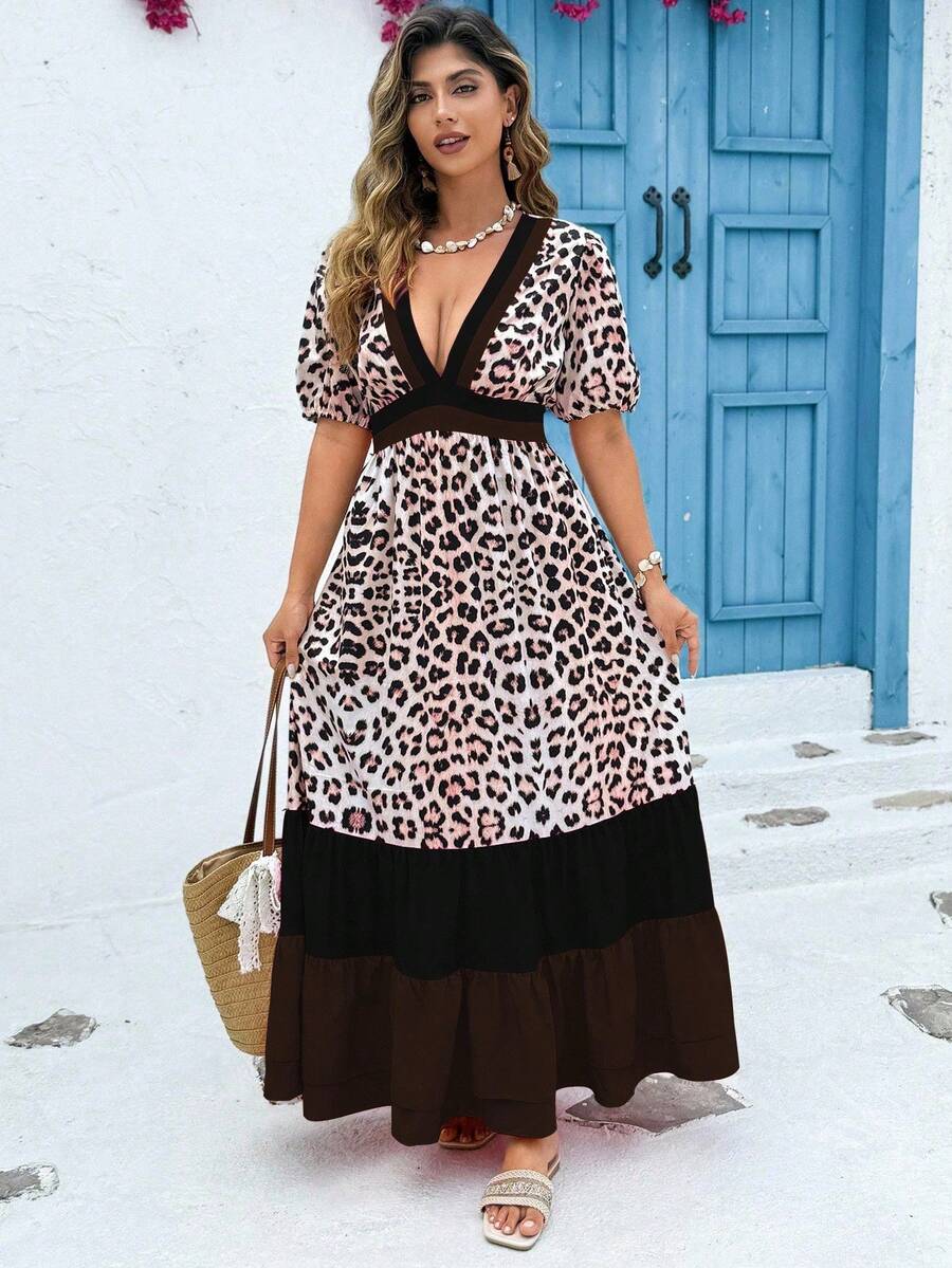 Calvaya Leopard Print Short Sleeve Dress, Lightweight Summer New Arrival Color Block V-Neck Half Sleeve Dress - Multicolor - View 1
