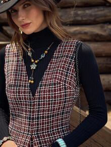 LanaWest Women's Casual Chic Tweed Woven Plaid Deep V-Neck Dress - Black - View 3