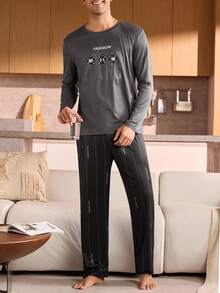 Manfinity Underwear&Sleepwear Basics Conjunto de pijama de talla grande para hombre con parte superior de cuello redondo de manga larga y pantalones con estampado simple - Gris Oscuro - Ver 5