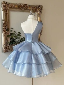 Lovelzi Thanh lịch, Lãng mạn, Dễ thương, Cổ tích, Xuân Hè, Xanh dương, Lấp lánh, Vải Organza, Một vai, Cổ áo đối xứng, Xếp ly, Trang trí dây chuyền kim cương, Buộc dây, Dáng chữ A, Chân váy xòe, Váy công chúa ngắn, Thích hợp cho Kỳ nghỉ, Lễ hội, Khách dự đám cưới, Váy tốt nghiệp, Tiệc sinh nhật, Lễ khai trương, Váy dạ hội, Lễ tốt nghiệp, Váy tốt nghiệp cho nữ, Váy đi học, Ngày Valentine - Màu xanh lam - Xem 2