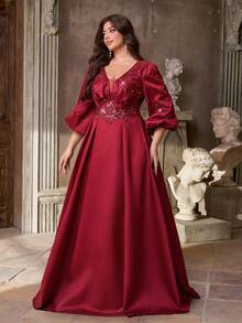 Aureia 加大码优雅浪漫深 V 领勃艮第长袖泡泡腰褶饰花卉珍珠和水钻装饰长款礼服 - 紅色 - 查看 8