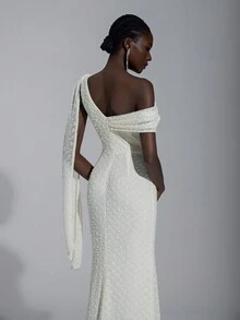 Elitara Váy maxi dài cổ khoét sâu họa tiết jacquard màu mơ thanh lịch, viền bèo nhún bất đối xứng, thích hợp mặc mùa xuân/hè, đi biển, đi làm, đi nghỉ, bãi biển, phong cách Boho, Hawaii, hẹn hò, tiệc tùng, hòa nhạc, đám cưới, tốt nghiệp, bó sát, trang phục câu lạc bộ, gợi cảm cho nữ - Màu be - Xem 4