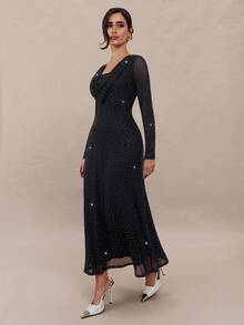 Modelyn Vestido de manga larga para mujer con decoración de rhinestones